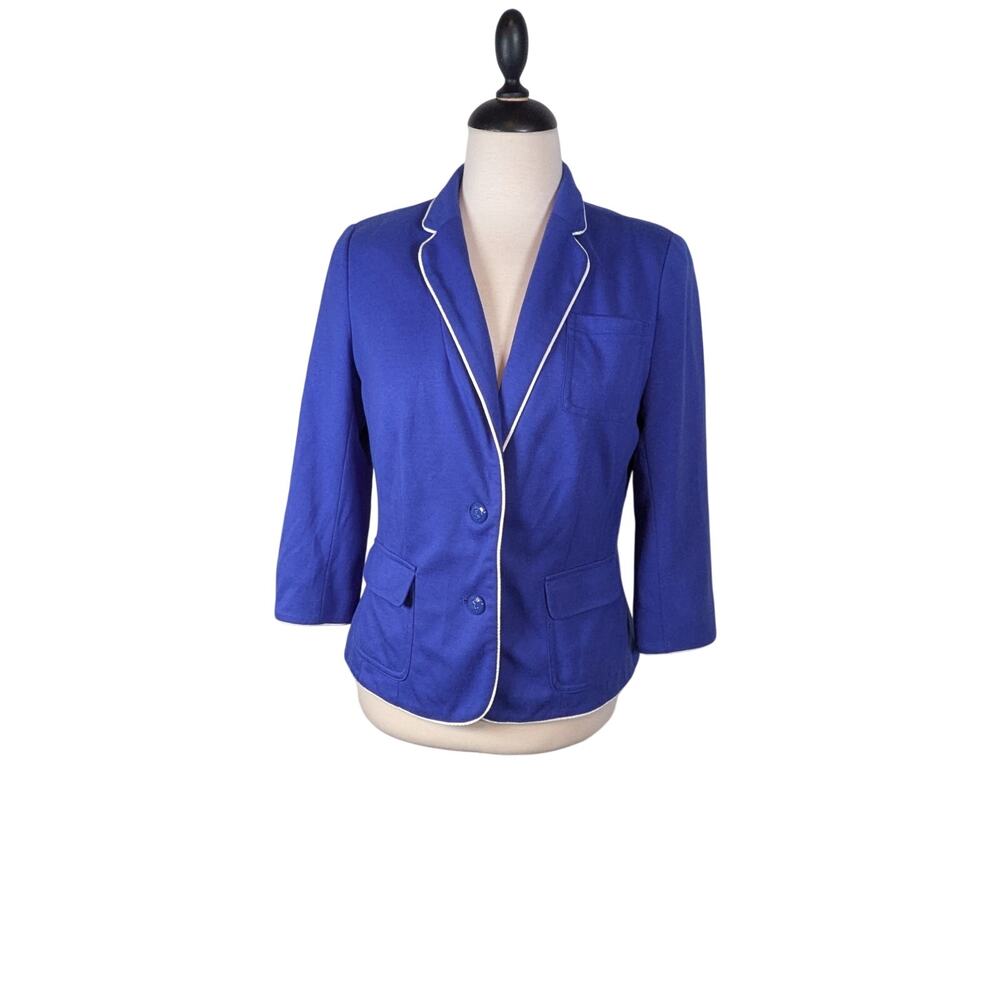 jcp Blue with White Trim Medium Blazer 3/4 Sleeve Jersey Knit Fully Lined